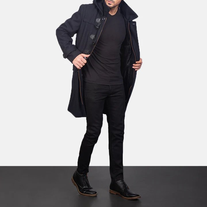 Drake Black Wool Hooded Duffle Coat